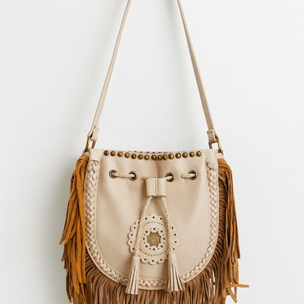 Venus Boho Fringe Faux Leather Crossbody Shoulder Bag Beige Tan